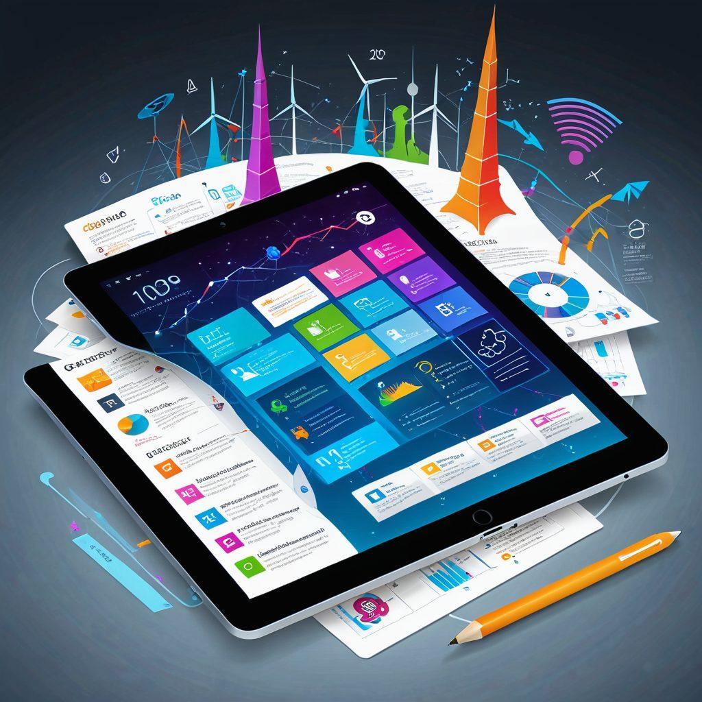 A vibrant digital diary interface open on a sleek tablet, showcasing colorful, interconnected notes and illustrations representing telecom strategies, with abstract representations of connectivity like mobile towers and wireless signals in the background. Infographics depicting user engagement strategies weave through the design, creating a sense of movement and dynamism. The style is modern, with bright colors and a clean layout. super-realistic. vibrant colors. 3D.