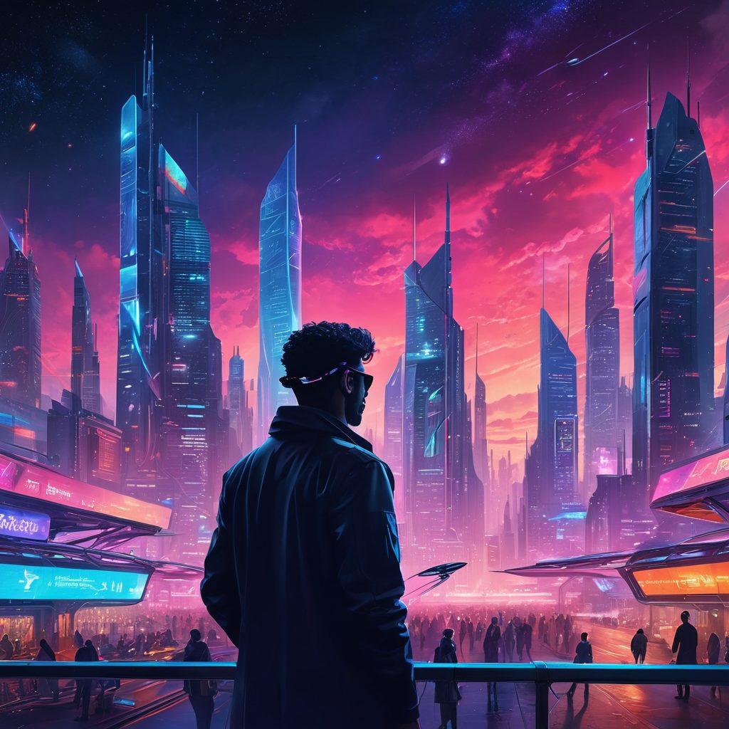 A futuristic city skyline illuminated by vibrant neon lights, with satellite dishes and antennas representing advanced telecommunications. In the foreground, a diverse group of people engaging with holographic devices showing news and insights. The sky is starry, symbolizing exploration and innovation. The scene captures the essence of technology and connectivity. cyberpunk. vibrant colors.